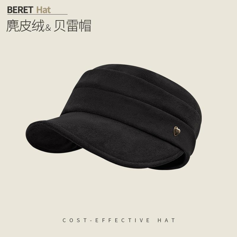 Round Label Pleated Suede Flat Top Equestrian Hat Women'S Season Warm Newsboy Hat Showing Face Ducktongue Beret