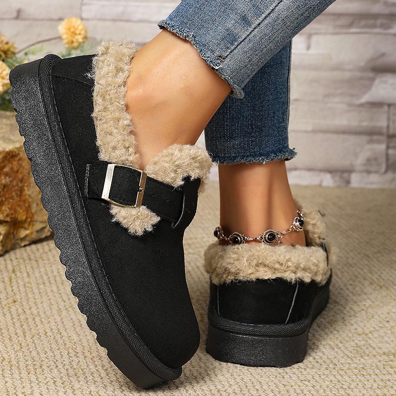 Faux Fur Buckle Decor Flats for Women Winter Warm Thicken Plush Cotton Padded Snow Boots Comfort Thick Sole Non Slip Casual Shoe