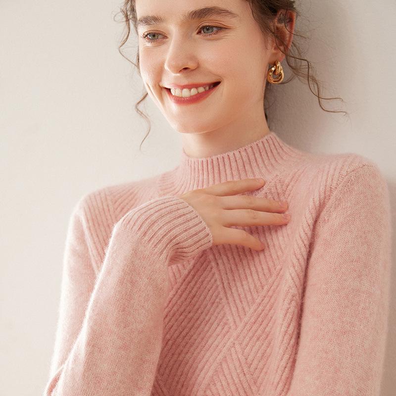 Women's Diamond Pattern Cashmere Knit Sweater: Half-High Collar, Long Sleeves, Loose Fit, Warm, Soft, Comfortable, Skin-Friendly.