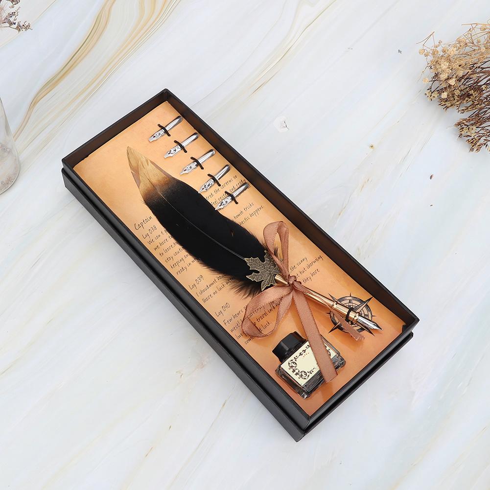 Retro Rostfritt Stål Spetsar Dopp Skrivfjäderpenna Studentgåva med Förpackningslåda(Svart)