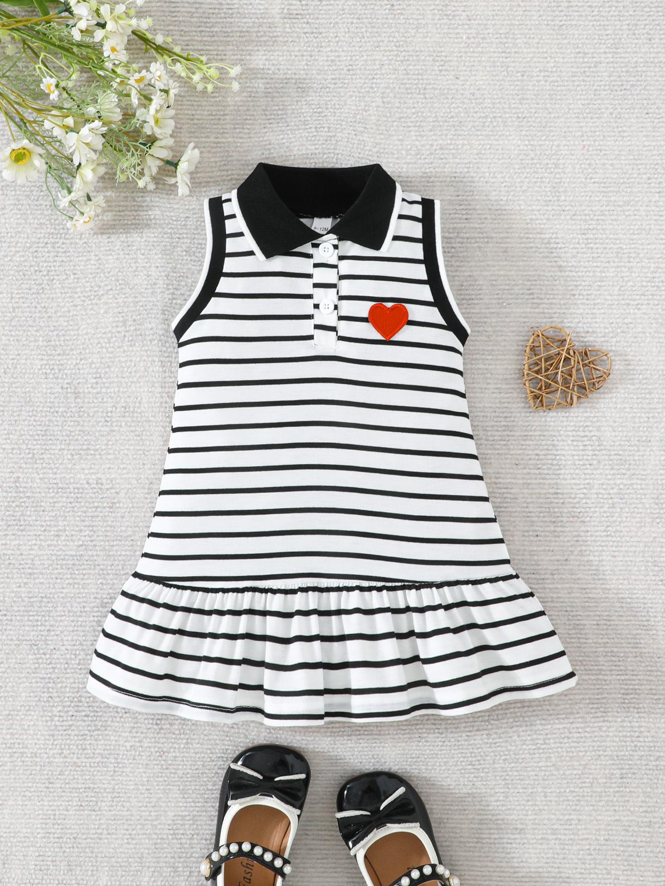 Girls Striped Sleeveless Polo Dress with Heart Embroidery Casual Outfit 6-9M