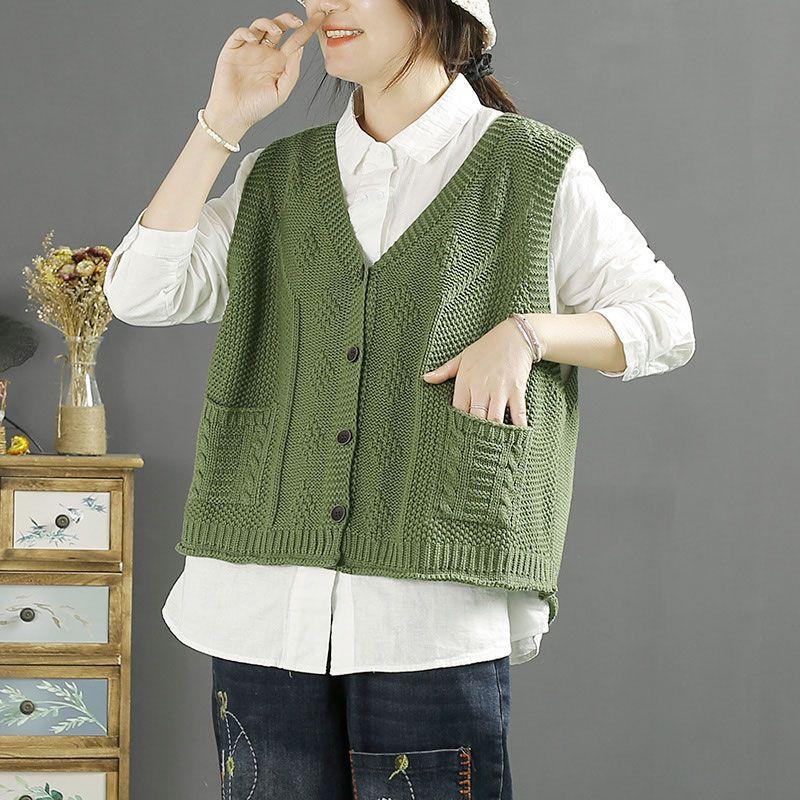 Vintage Retro Women Vest New V Neck Solid Color Versatile Single Breasted Knitwear Spring Autumn Fashion Outerwear