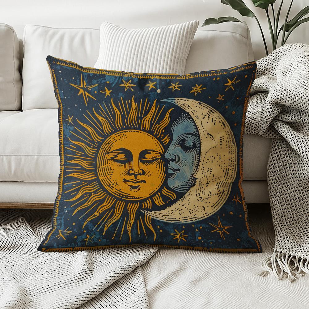 Federa Cuscino Decorativa Boho Cielo Sole e Luna, Cuscino Decorativo Notte Stellata Stile Tarocchi Vintage