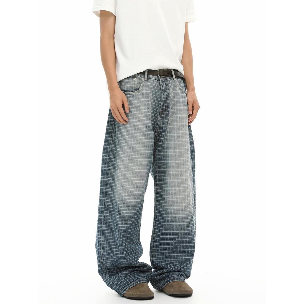 American Retro Wash Gradual Change Blue Plaid Jeans Versatile Wide Leg Straight Mopping Pants