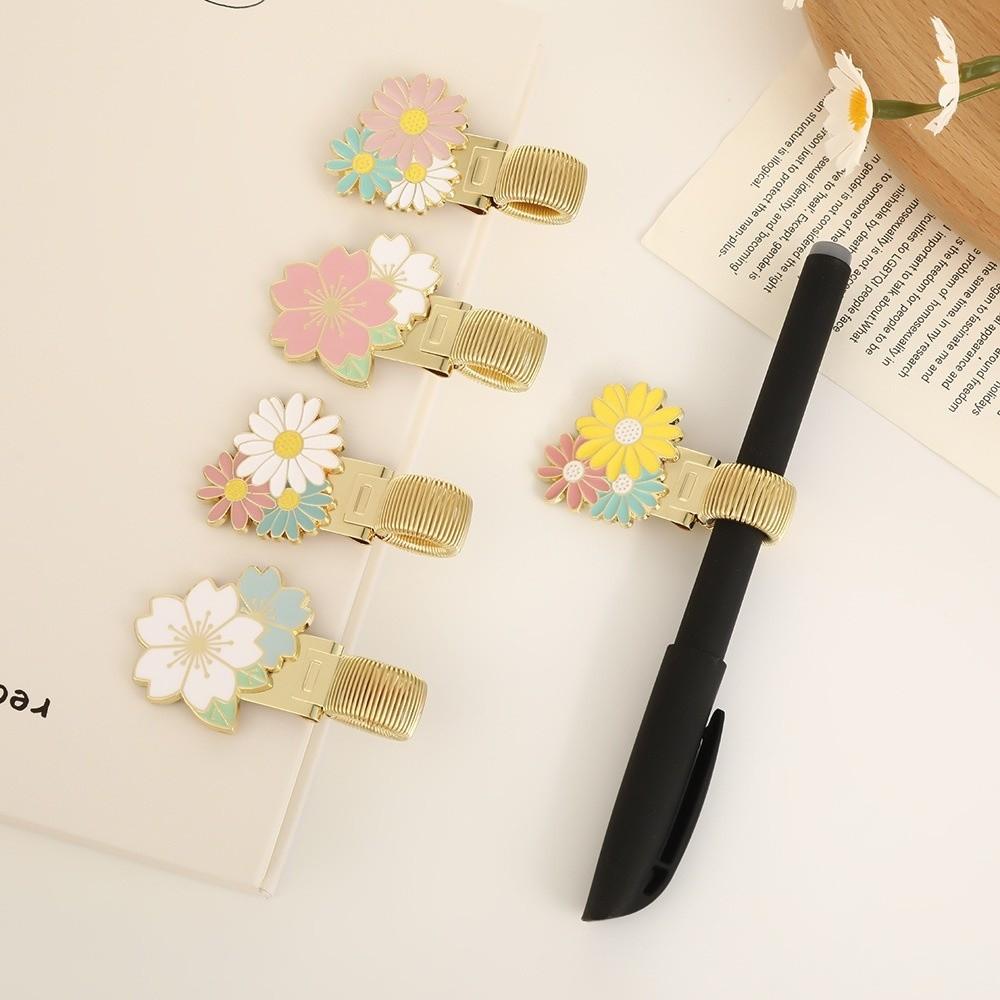 Cherry Blossom Daisy Pen Holder Metal Bookmark Spring Pen Clips with Enamel Coating Anti-lost Pen Loop Holder