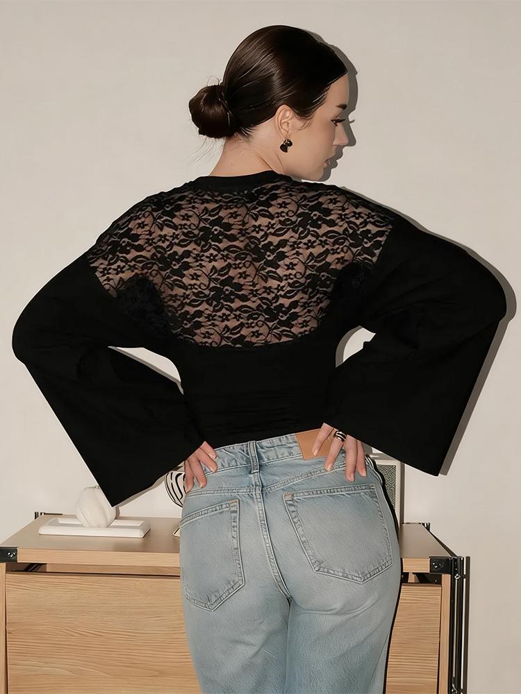 Black Lace T-Shirts Women Blouse 2026 Spring Slim Long Sleeve T Shirts Street Casual Party Elegant Fashion Lace Shirt Tees Top