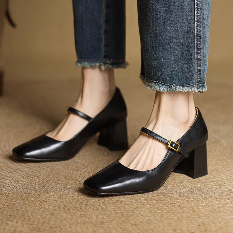 New Women's Small Leather Shoes Buckle High Heel Beef Tendon Sole Casual Solid Color Comfortable Women's Single Shoes Thick Heel Leather Large Siz