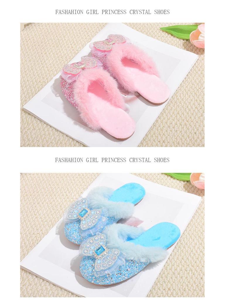 Girls' Bow-Knot Furry Cotton Slippers - Cozy Autumn & Winter Shoes for Girls and Babies.