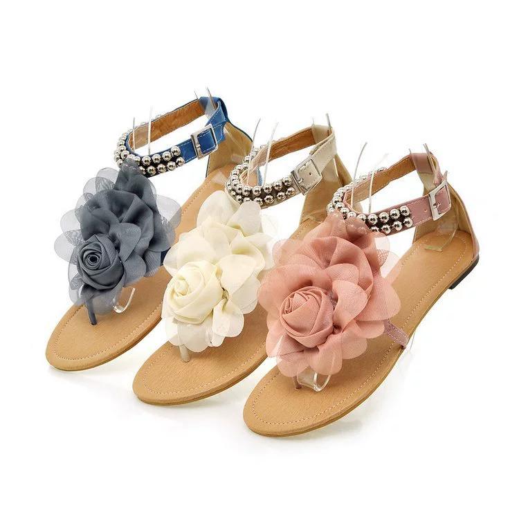Large Size Sandals for Women, Flat Toe Sandals, Bohemian Women's Sandals, Beaded Three-dimensional Flower Sandals