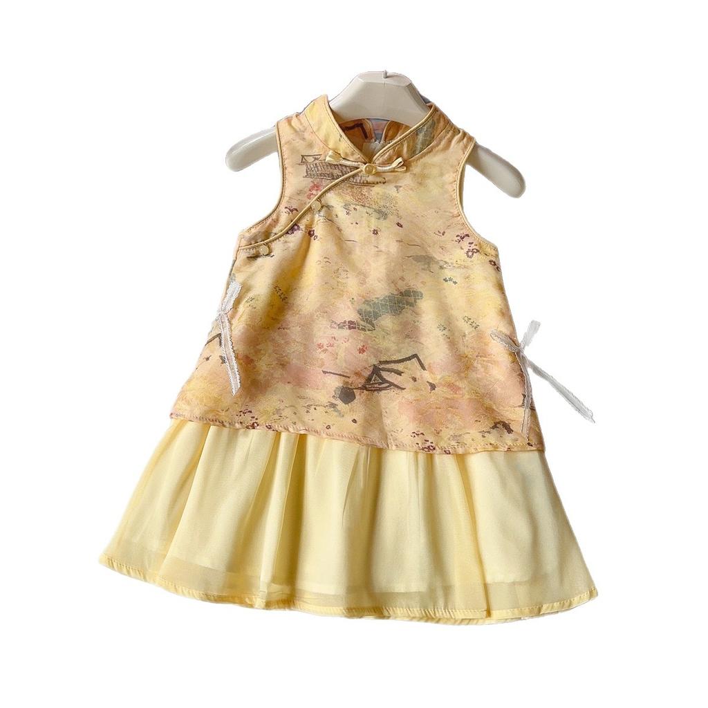 Girls Summer New Chinese Qipao Dress Traditional Print Sleeveless Vest Cheongsam Party Dress For Kids