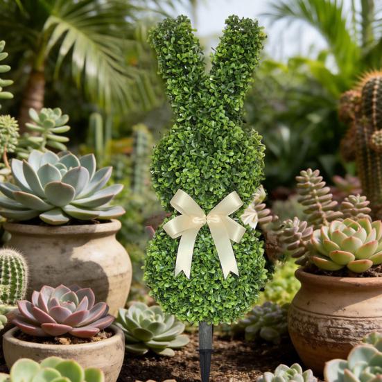 Easter Bunny Topiary Tree Garden Stake Rabbit Shaped Artificial Topiary with Bow Indoor Outdoor Porch Easter Holiday Party Decoration