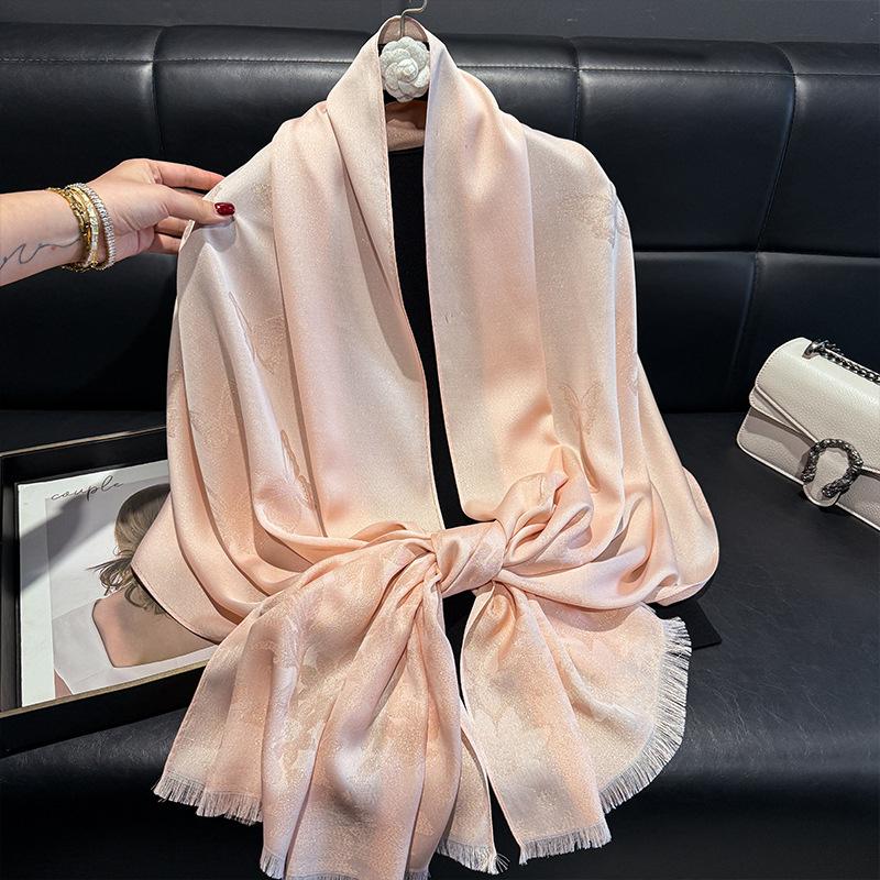 Scialle in Seta Oro Tencel Cotone Seta Moda Donna Versatile Imitazione Seta Sottile Farfalla Lunga Sciarpa da Spiaggia Sciarpa