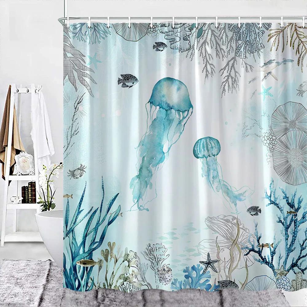 Sea Turtle Theme Shower Curtain Set Wooden Board Coral Water Plants Bubble Sea Life Bathroom Curtain Fabric Decor Washable Hooks