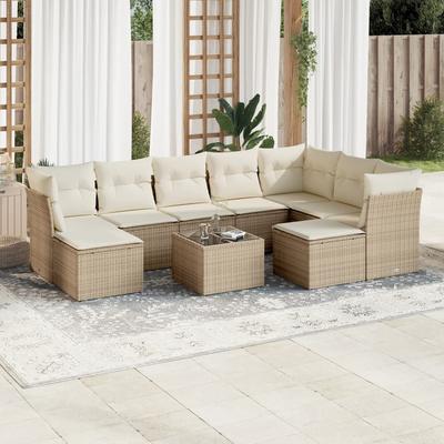 Vidaxl 10-Cz. Garden Furniture Set With Cushions, Beige, Poly Rattan