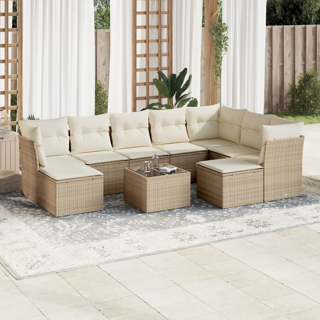 Vidaxl 10-Cz. Garden Furniture Set With Cushions, Beige, Poly Rattan