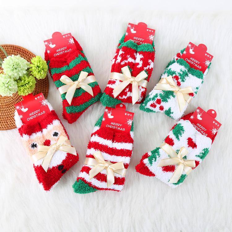 Autumn And Winter Coral Fleece Christmas Women'S Socks Home Heating Floor Socks Chinese New Year Festive Big Red Socks Female Cartoon Elk Socks