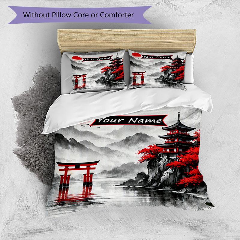 3PC Custom Name Japanese Landscape Torii Gate Bedding Set Duvet Cover Closure Includes 1 Duvet Cover & 2 Pillowcases for Bedroom