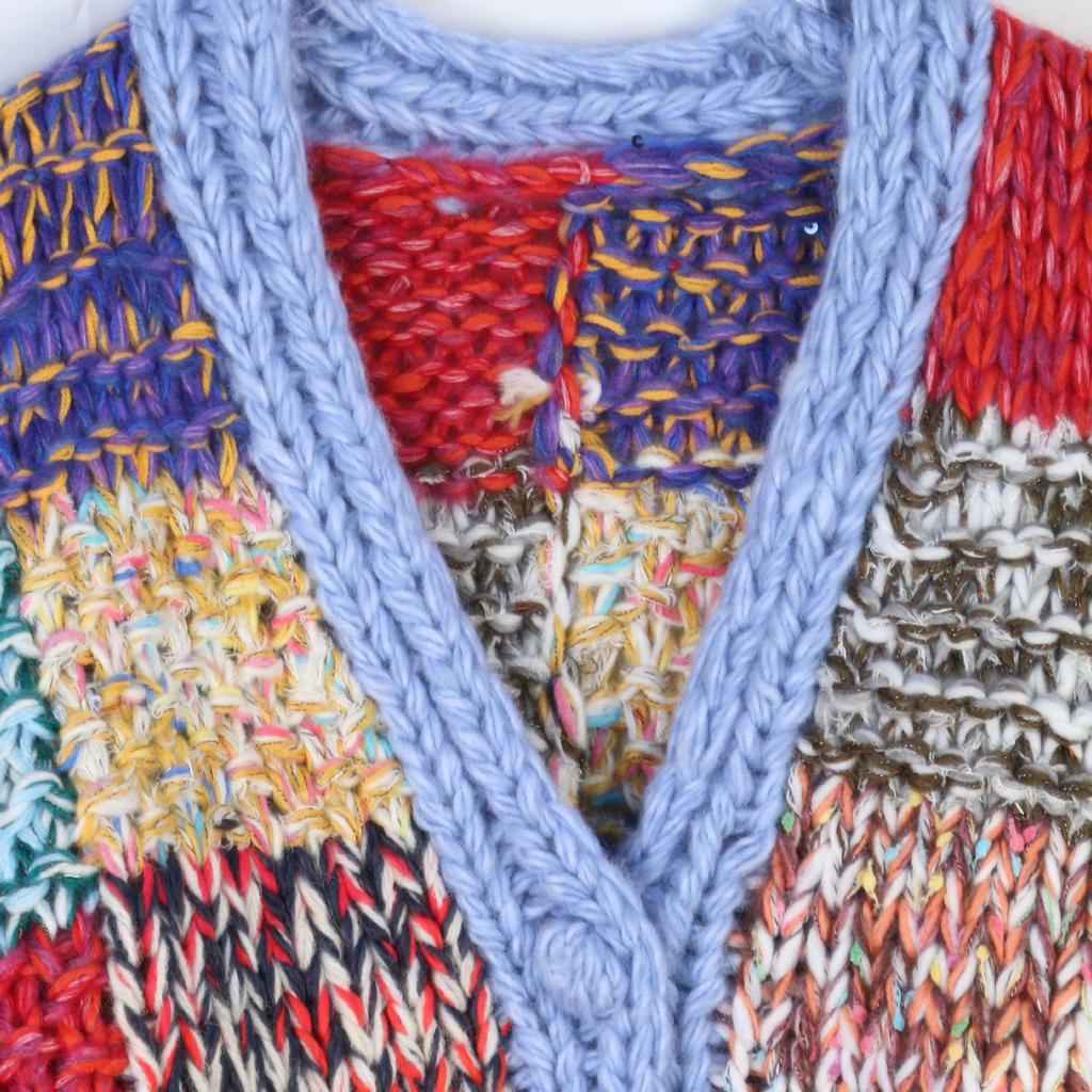 European-American Color Block V-Neck Long Sleeve Sweater - Trendy Loose Knit for Spring and Autumn