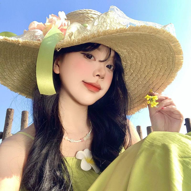 Summer Women's Bowknot Straw Hat New Beach Big Brimmed Hat Foldable Travel Seaside Vacation Travel Outdoor Sunscreen Caps