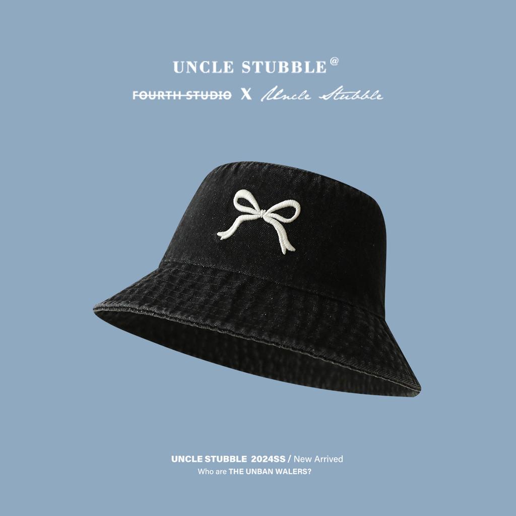 Bow Embroidered Denim Bucket Fisherman Hat Sun Protection Casual Outdoor Cap