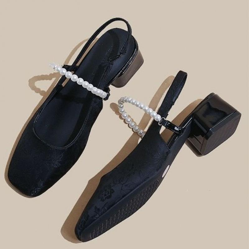 Guofeng Neue Chinesische Stickerei Perle Baotou Sandalen Damen 2025 Neu Dicke Ferse Mittelhohe Ferse Eckiger Kopf Fee Einzelne Schuhe Damen
