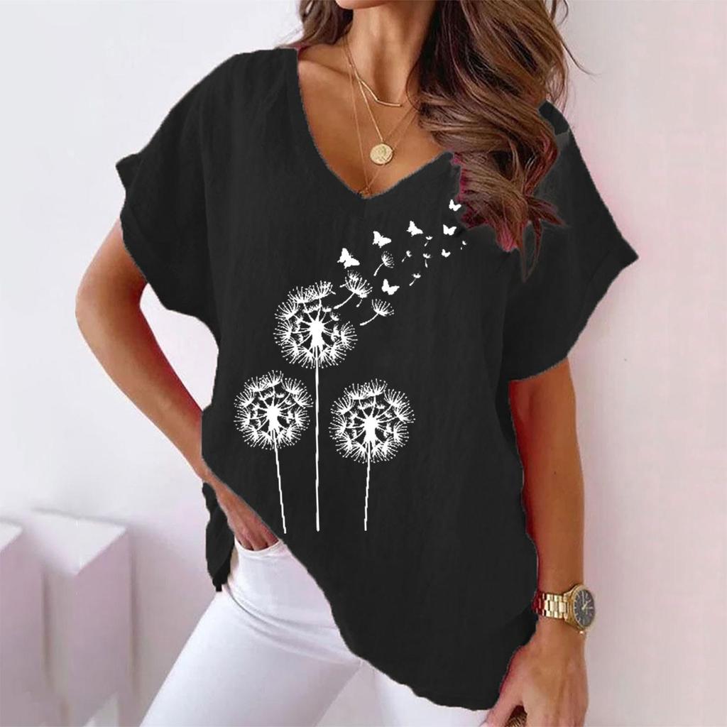 Plus-size Women's Plain Color V-neck Cotton and Linen Casual Bat Short-sleeved T-shirt for Women