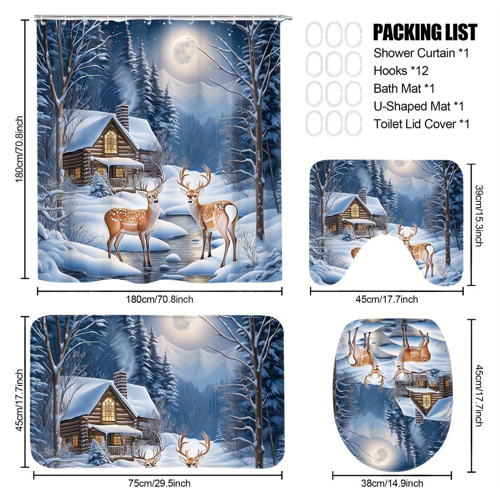 4Pcs Winter-Themed Shower Curtain Set with Non-Slip Bath Mat, Toilet Lid Cover, Contour Rug & 12 Hooks, Bathroom Decor