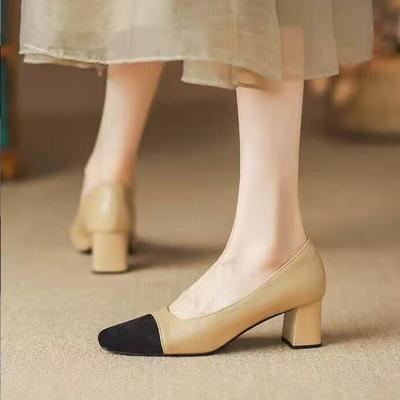 Temperament Color Matching High Heels Women's Autumn New Light Mouth Soft Leather Medium Heel Thick Heel Single Shoes