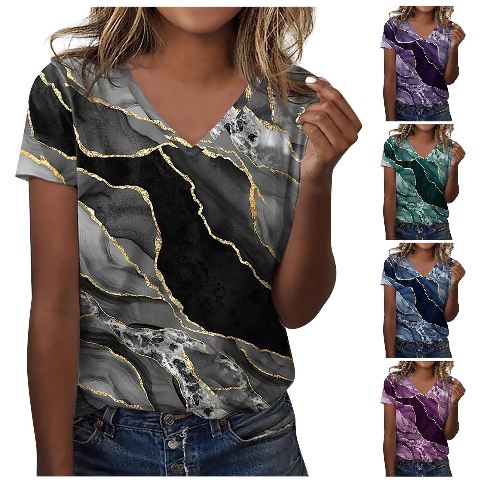 

Женские повседневные топы с v-образным вырезом, футболка с коротким рукавом, летняя футболка с принтом, топ