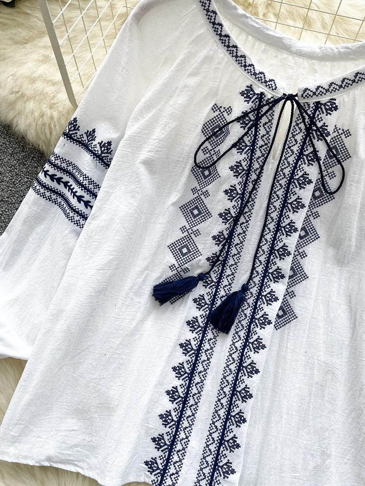 Women's Spring Autumn Shirt New Retro Bohemian Embroidered Lace Up Lantern Long Sleeves Blouse Top