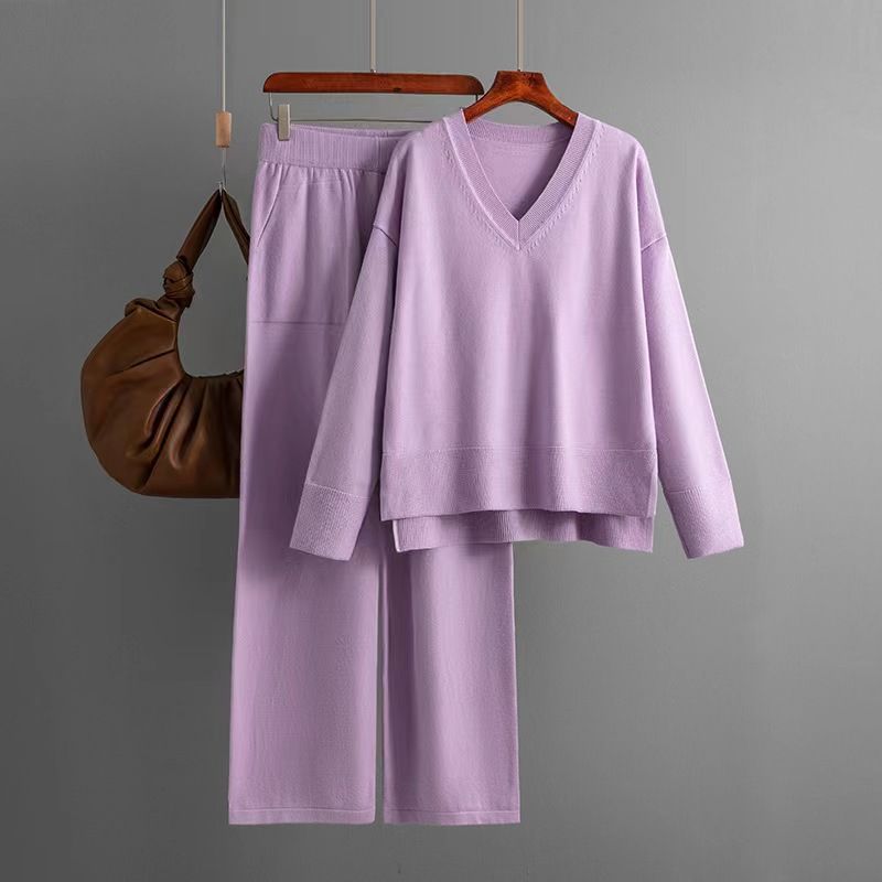 

Fashion Wind Fashion Loose Casual Sweater Two-Piece Pants Loose Knit Sweater Pants Set Purple One size