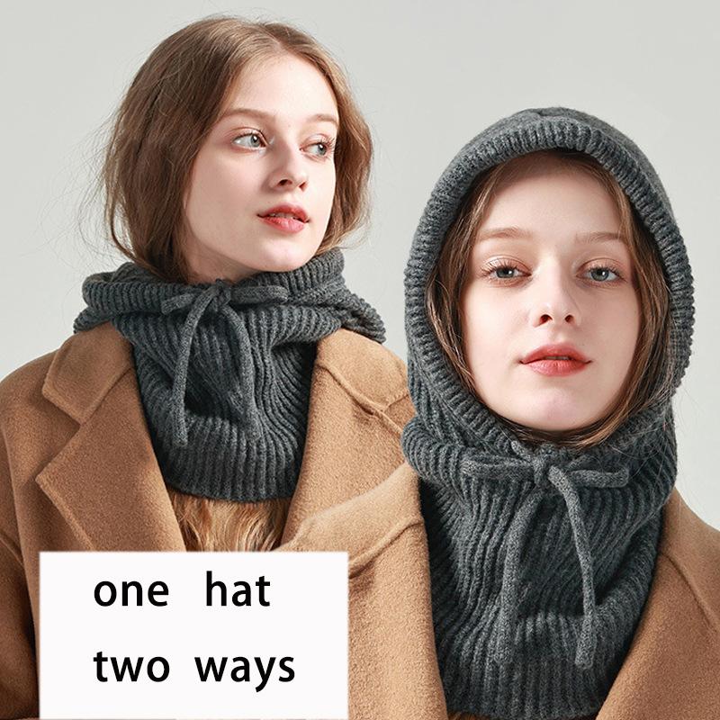 Winter Knitted Hooded Caps Balaclava Hat Thick Drawstring Adjustable Elastic Hat Outdoor Warm One-piece Neck Collar Beanies Cap