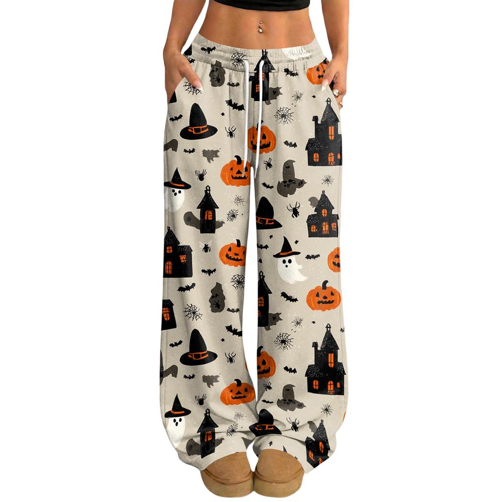 Women's Casual Loose Fit Wide Leg Pants with Halloween Print, Elastic Waist Drawstring for Holiday Party