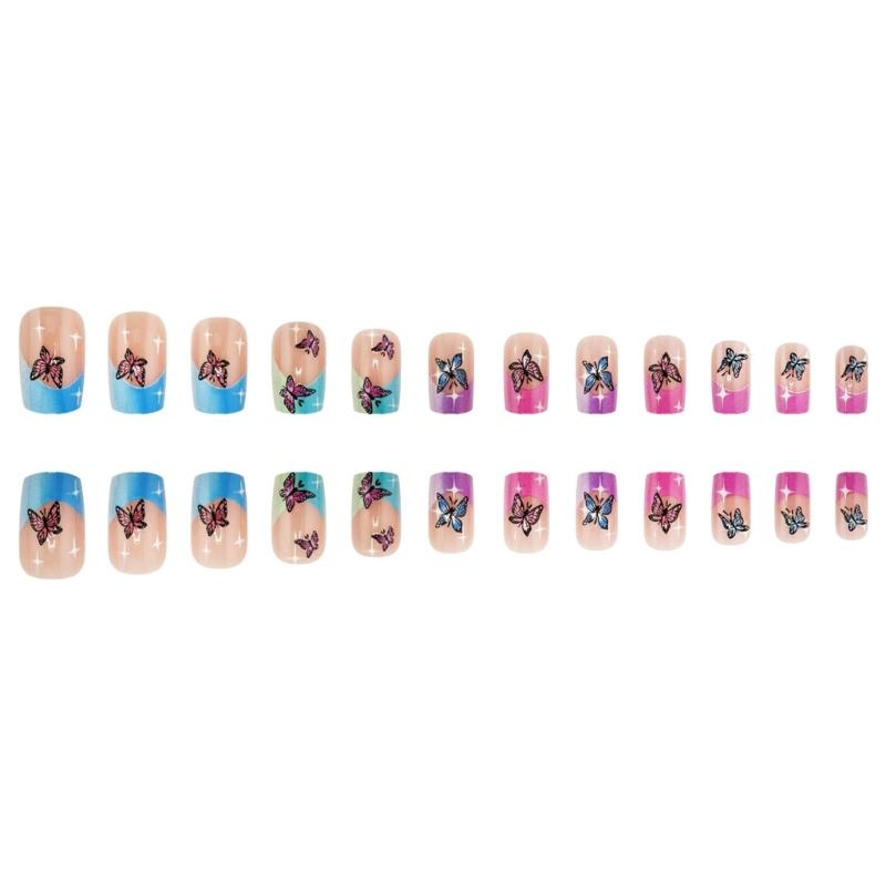 Glossy False Nail Square Stick on Nail with Butterfly Full Cover Artificial Nail Press on Nail For Various Occasion