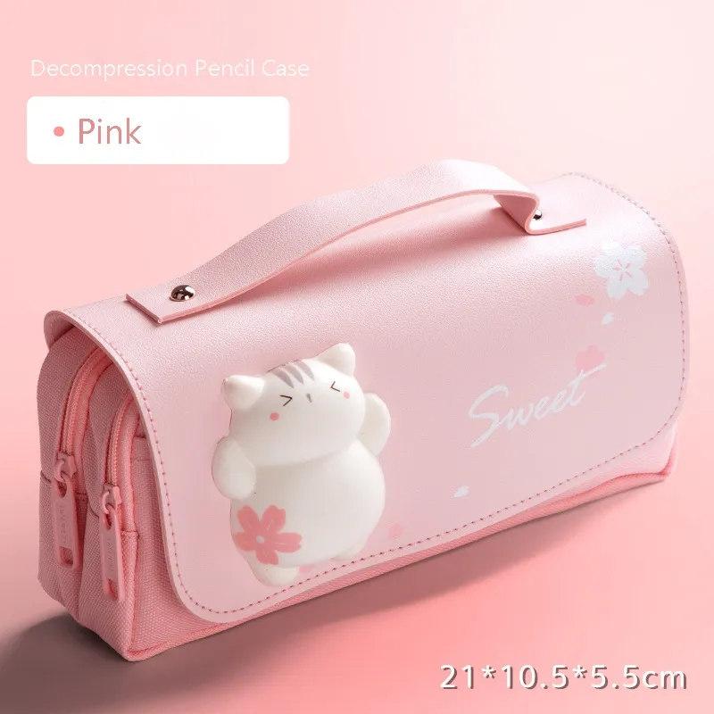 Estuche para lápices de descompresión con forma de gato, caja de lápices grande, bolsa portátil para bolígrafos para niñas, bolsa escolar de doble capa, estuche para lápices de papelería Kawaii