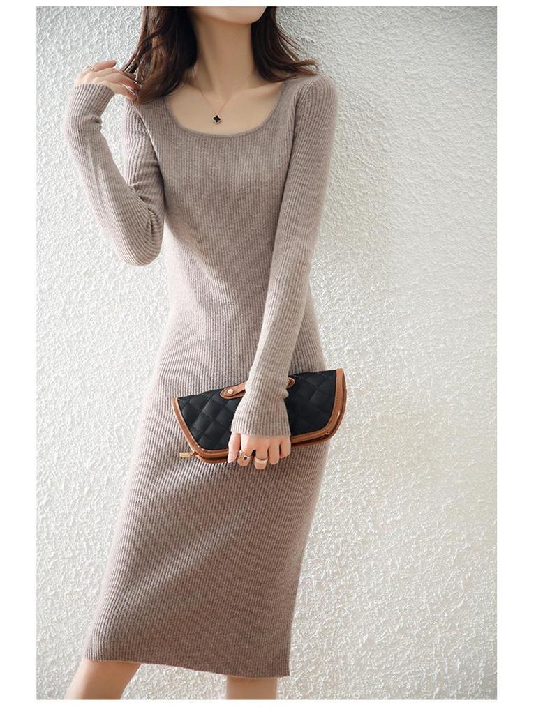 Women's Pure Wool Long-Sleeve Knit Dress, Mid-Length, Over-the-Knee, Slimming; Ideal as a Base Layer for Autumn and Winter.