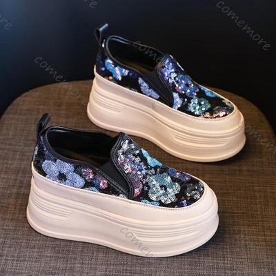 Fashion Comemore Sequin Flower Woman Platform Sneakers Wedge Shoes Female Height Increasing Ladies Breathable Casual Slip On Women Shoes