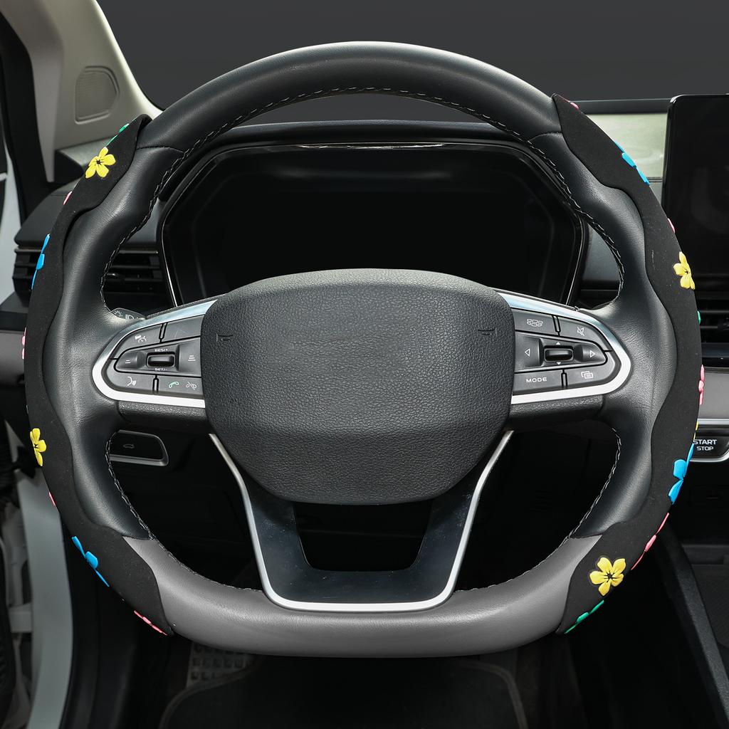 2X Car Auto Suede Steering Wheel Booster Anti-slip Cover Floral Print Universal