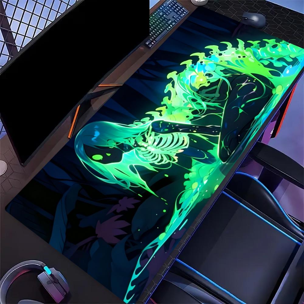 Neon Ghost Skeleton Graphic Extended Desk Mat Non Slip Rubber Stitched Edge Gaming Keyboard Table Mat For Laptop Pc Gamers