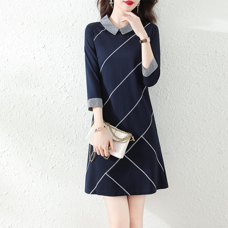 

2025 весна и лето новая повседневная юбка-шпилька свободное и тонкое платье с воротником-поло с принтом рукав семь четвертей длинное платье 2XL темно-синий