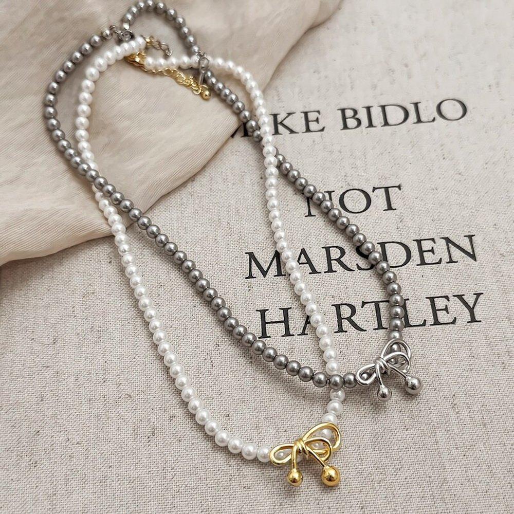 

Women s 2-Color French Pearl Ribbon Necklace Gray / Size: free