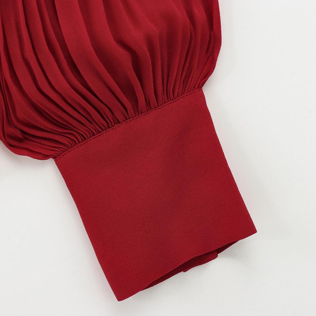 European & American Style Women's Red Bow Long Sleeve Stand Collar Shirt