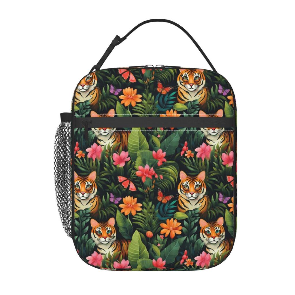 Dschungeltiger und tropische Blumen isolierte Lunchtasche für Kinder Schulkühler Thermische Lebensmittelbox Tragbare Lunchboxen Behälter
