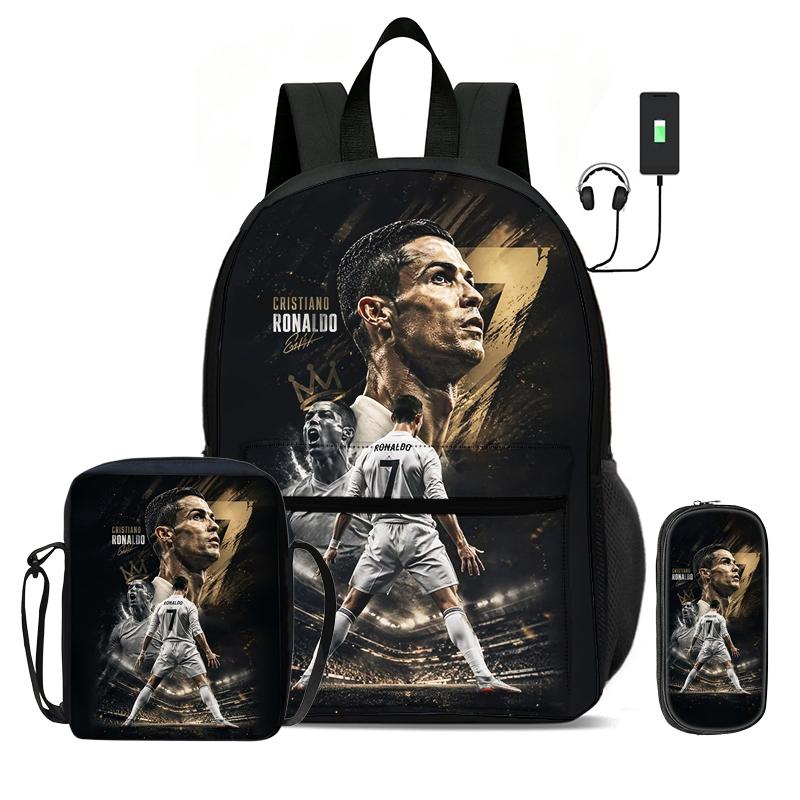 Learn, Travel Football Sport Rucksack Ronaldo 3 Pcs Set Kids Backpack Shoulder Bag, Pencil Bag, Football Star Knapsack