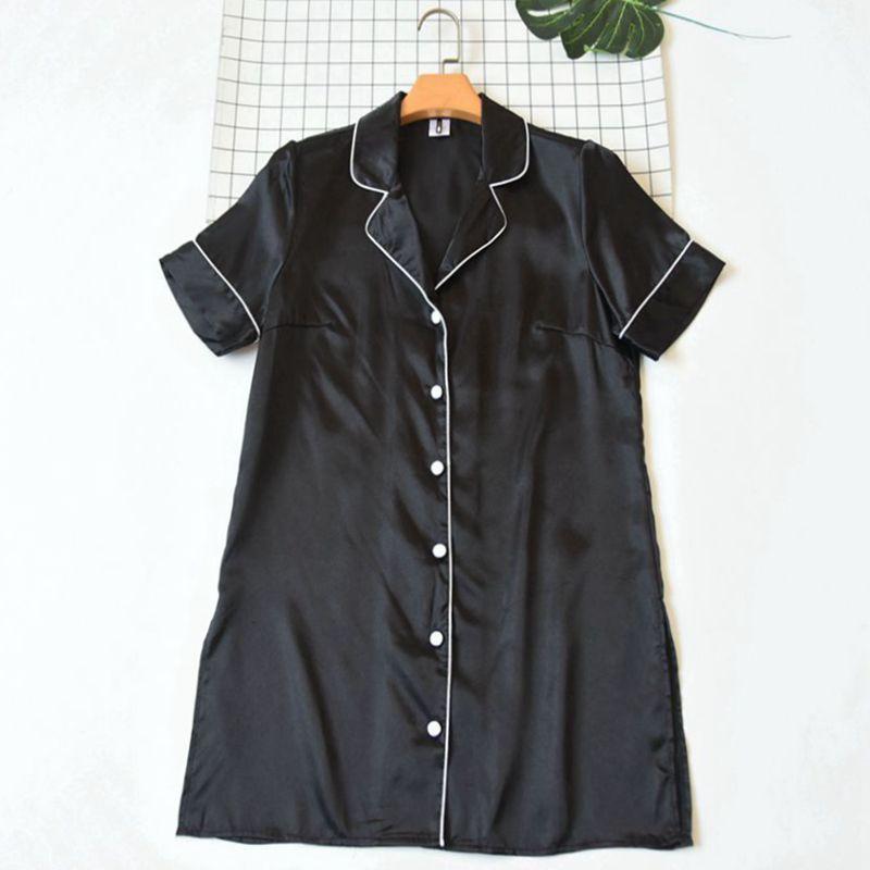 

Women s Summer Plus Size Silk-like Satin Short-Sleeved Nightdress Thin Pure Color Sexy Pajamas plus Size Homewear Black S