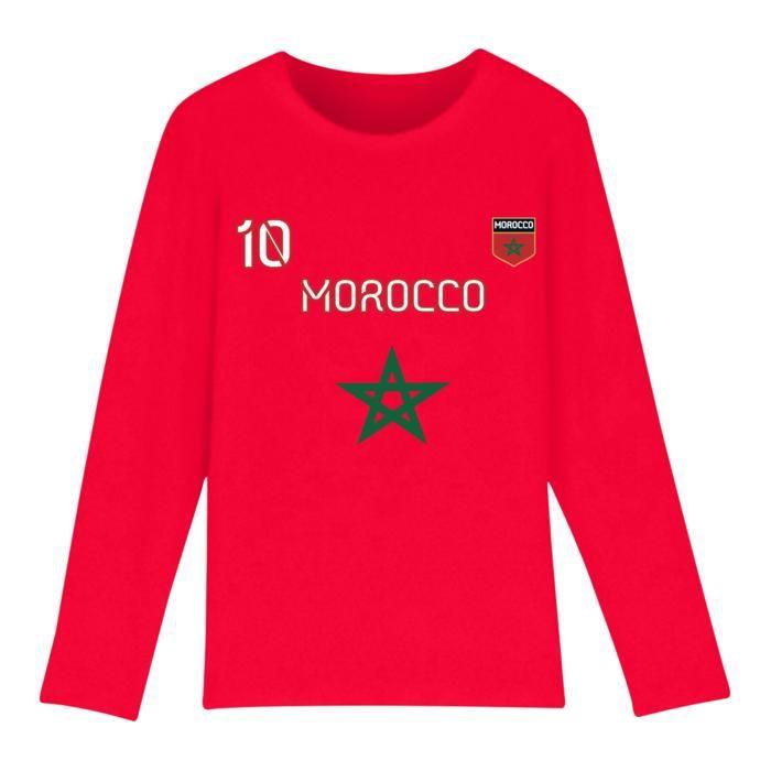 Tee-shirt manches longues - NPZ - Junior - 100% coton prérétréci - Design Maroc n°10 & étoile verte - Rouge