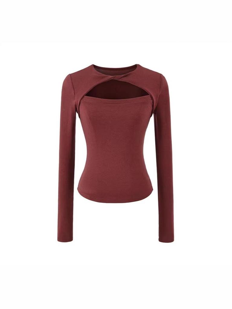 Korean Design Twist Neck Cutout Slim Fit Long Sleeve T-shirt for Women - 2026 Spring Collection