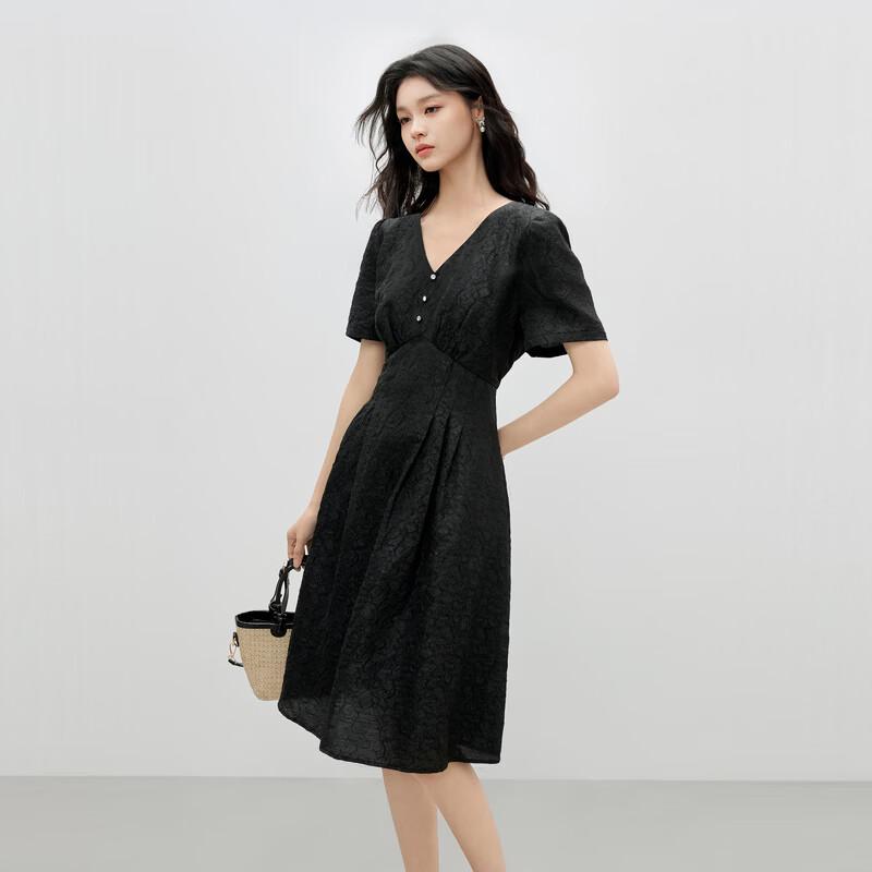 Retro Jacquard Bubble Sleeve V-Neck Dress S