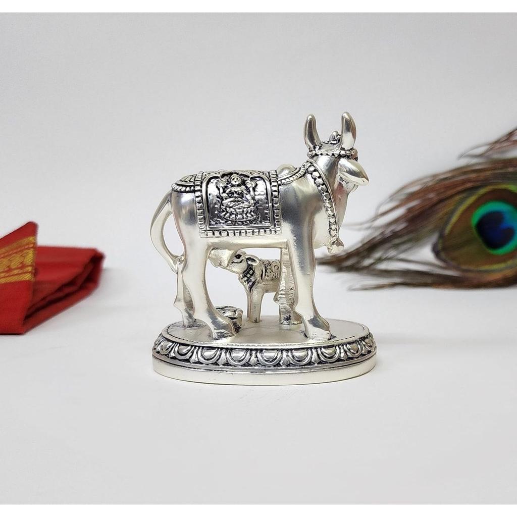 Kamdhenu Cow and Calf Idol | Silver Matte Finish Decorative Murti | 7.62 Cm X 7.62 Cm | Sacred Gau MATA Statue for Home Temple & Gift