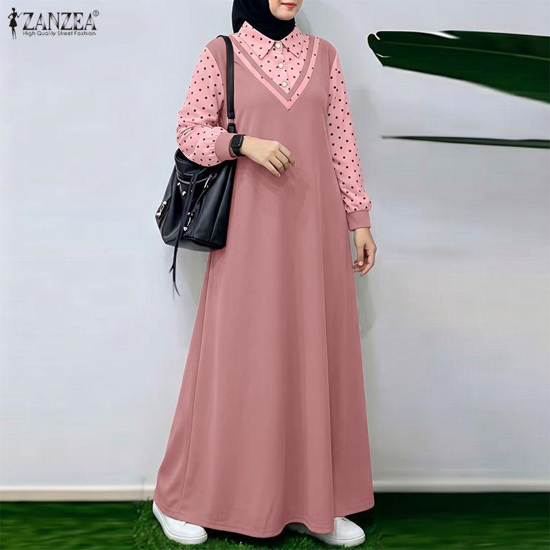 ZANZEA Women Muslim Casual Polak Dot Print Splice Long Sleeve Loose Dress
